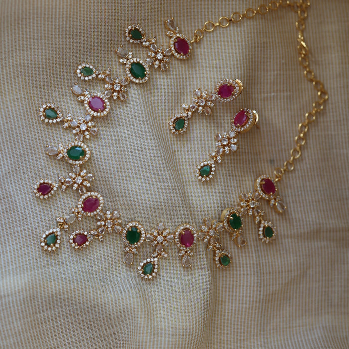 Heritage gold plated multi stone mango designshort necklace with earrings H29989