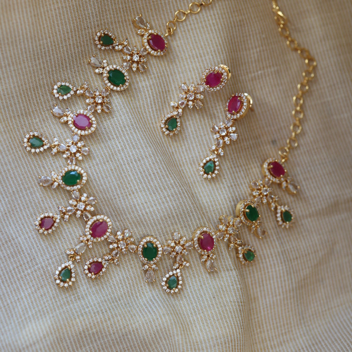 Heritage gold plated multi stone mango designshort necklace with earrings H29989
