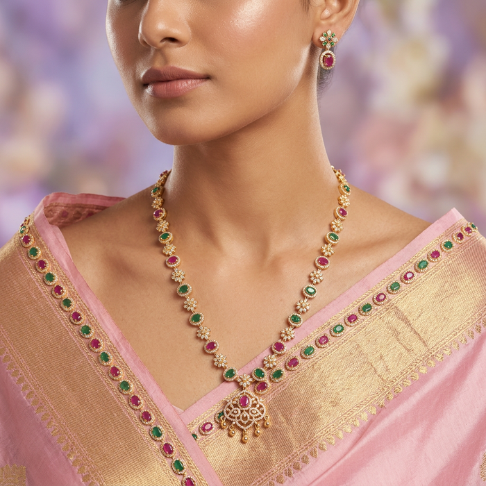 Heritage gold plated multi stone design long necklace with earrings HL24445