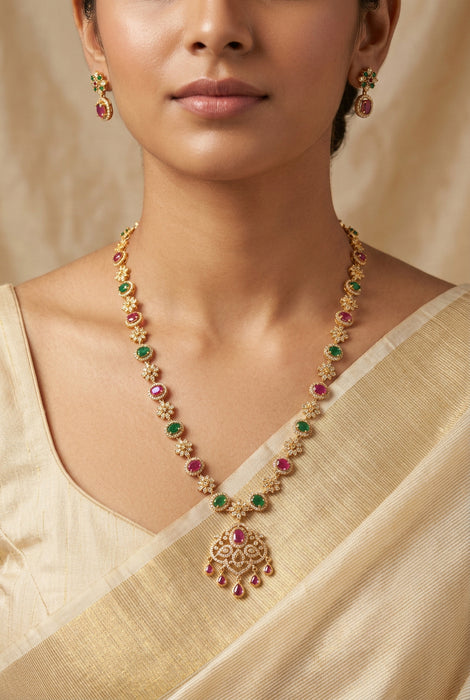 Heritage gold plated mulit stone long necklace with earrings HL7393