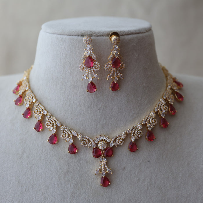 Heritage gold plated ruby white stone short necklace with earrings H8003