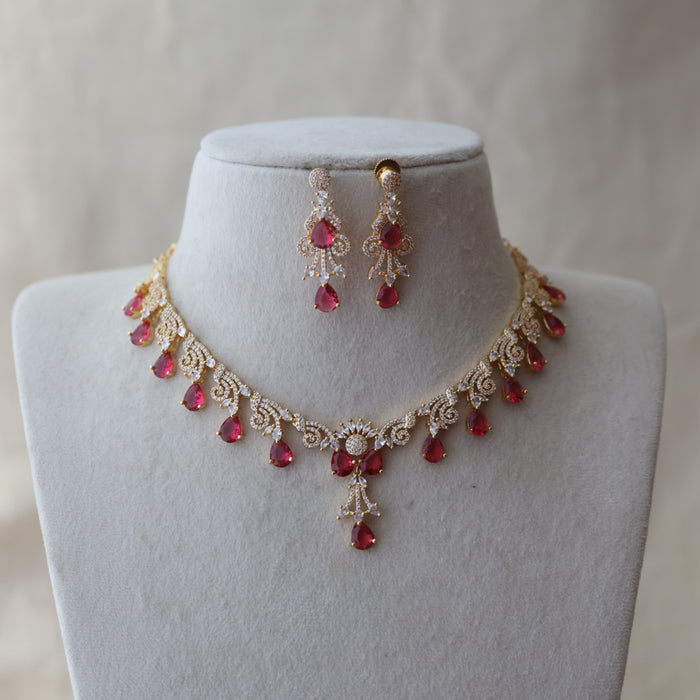 Heritage gold plated ruby white stone short necklace with earrings H8003