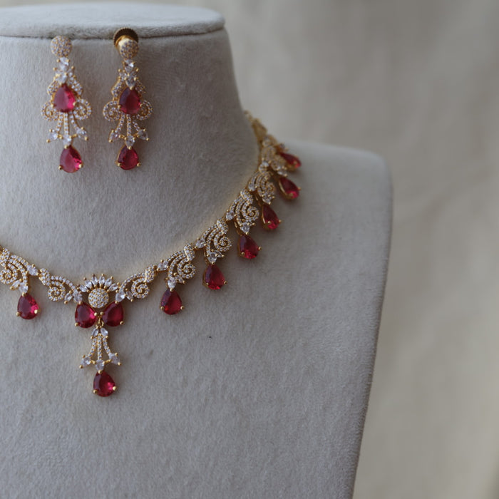 Heritage gold plated ruby white stone short necklace with earrings H8003