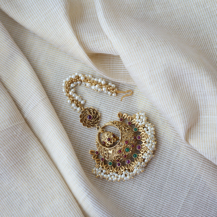 Antique ruby stone temple design maang tikka TA3481