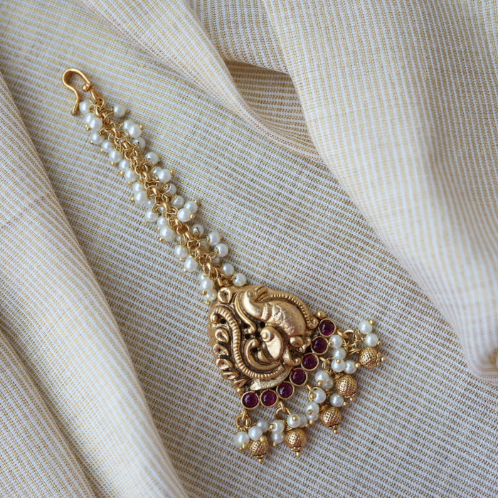 Antique ruby stone temple design maang tikka TA3434