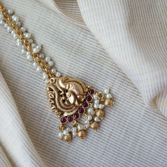Antique ruby stone temple design maang tikka TA3434