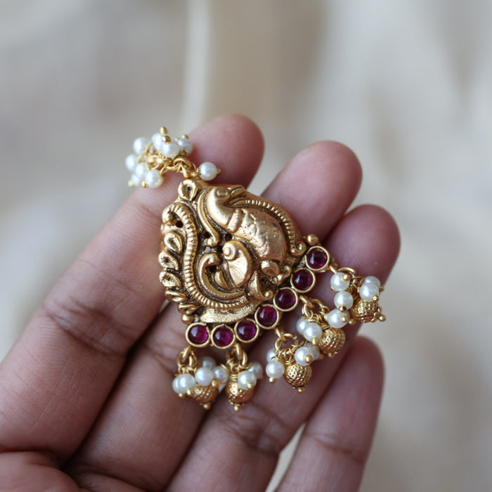 Antique ruby stone temple design maang tikka TA3434