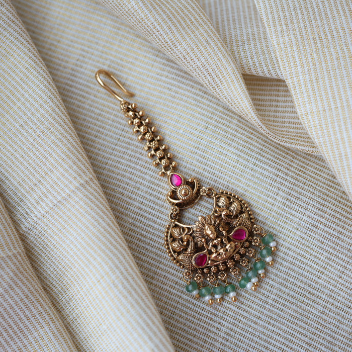 Antique ruby stone temple design maang tikka TA3434