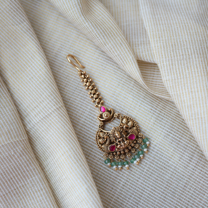 Antique ruby stone temple design maang tikka TA3434