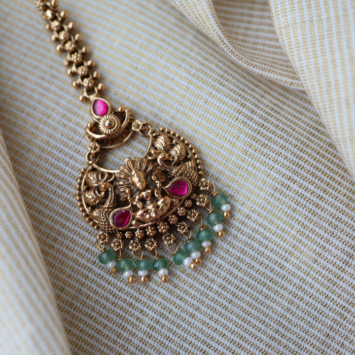 Antique ruby stone temple design maang tikka TA3434