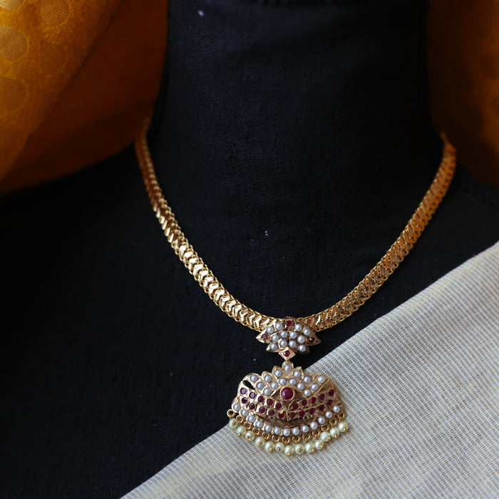 Heritage gold plated ruby stone and pearl short necklace H688