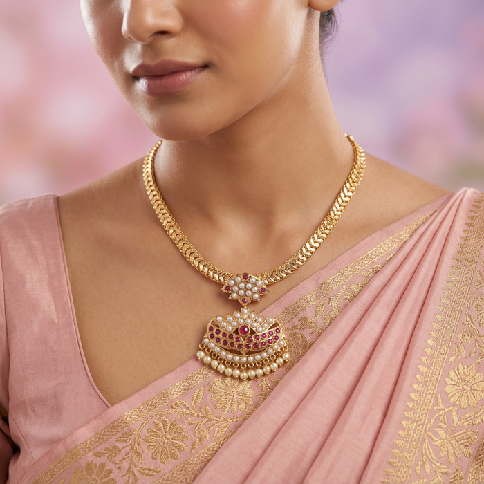 Heritage gold plated ruby stone and pearl short necklace H688