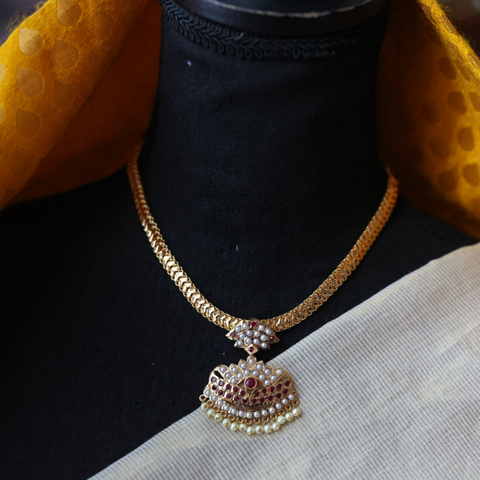 Heritage gold plated ruby stone and pearl short necklace H688