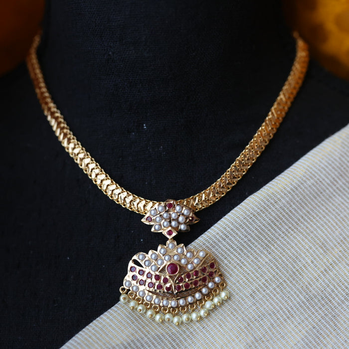 Heritage gold plated ruby stone and pearl short necklace H688