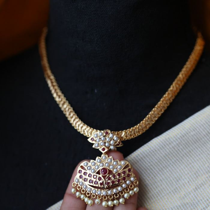 Heritage gold plated ruby stone and pearl short necklace H688