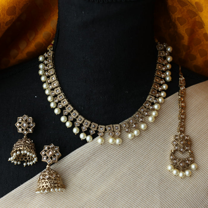 Trendy white pearls necklace with earrings and tikka TW310
