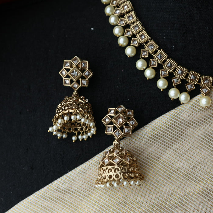 Trendy white pearls necklace with earrings and tikka TW310
