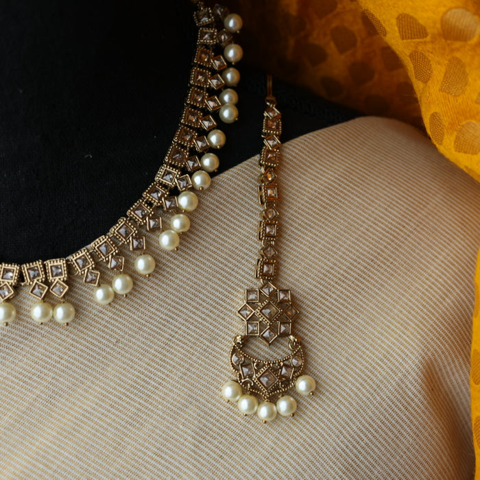 Trendy white pearls necklace with earrings and tikka TW310