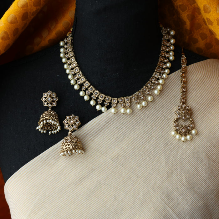Trendy white pearls necklace with earrings and tikka TW310