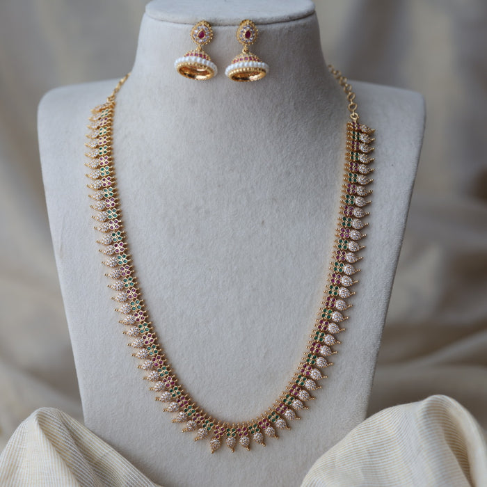 Heritage gold plated multi stone mango design long necklace with earrings HL7002