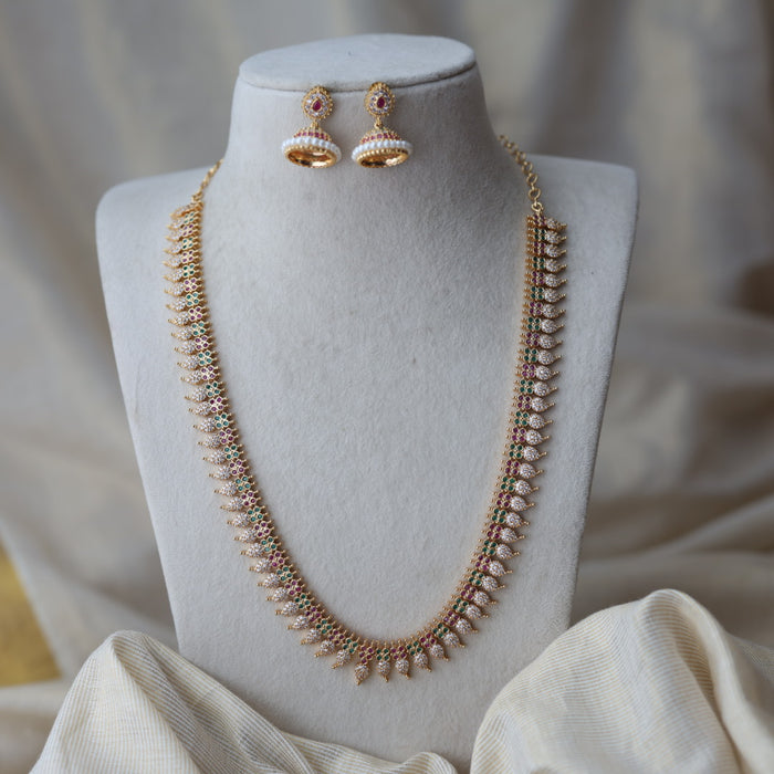 Heritage gold plated multi stone mango design long necklace with earrings HL7002