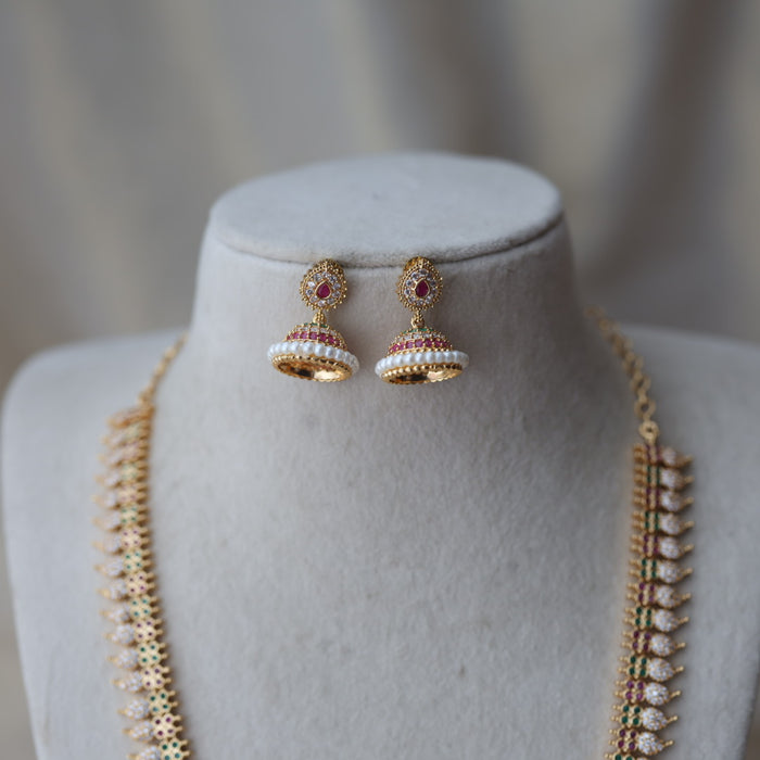 Heritage gold plated multi stone mango design long necklace with earrings HL7002