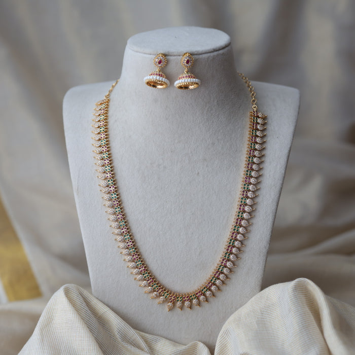 Heritage gold plated multi stone mango design long necklace with earrings HL7002