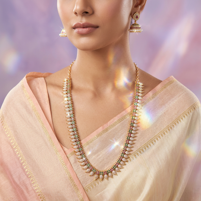 Heritage gold plated multi stone mango design long necklace with earrings HL7002