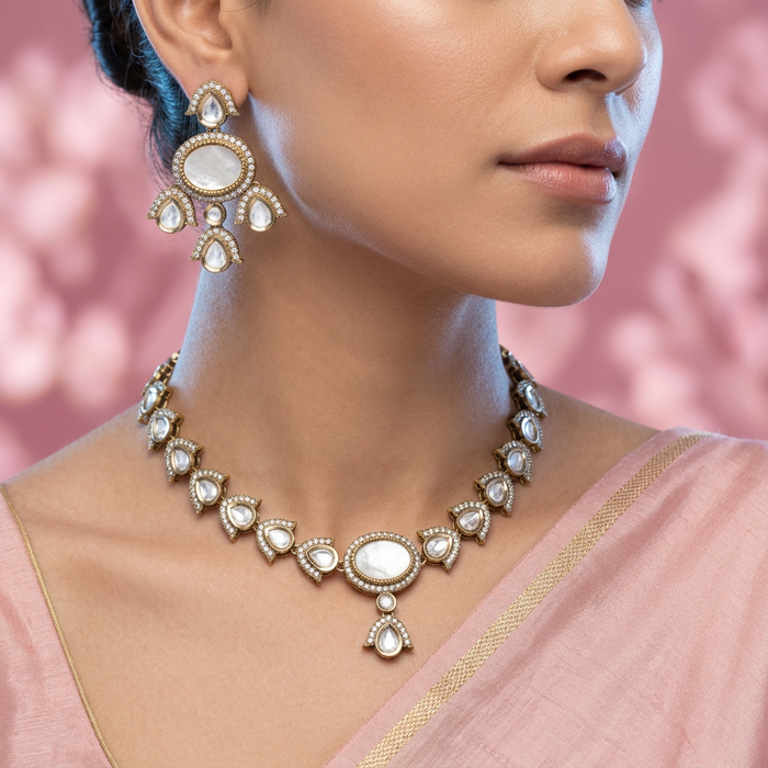 Trendy white stone necklace with earrings and tikka TW311
