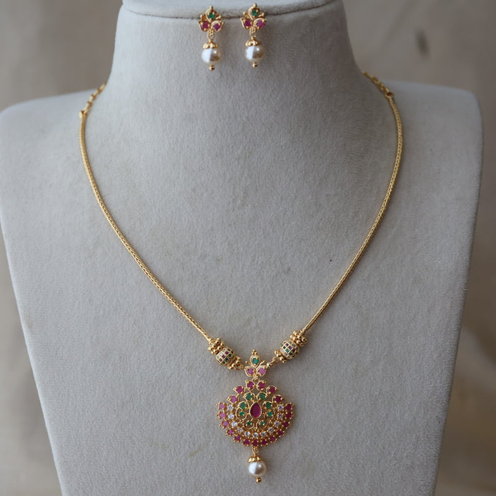 Heritage gold plated ruby green stone short necklace with earrings H8022