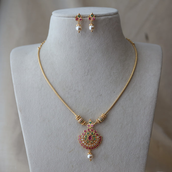Heritage gold plated ruby green stone short necklace with earrings H8022