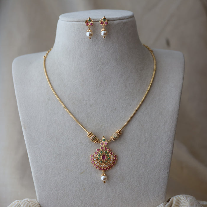 Heritage gold plated ruby green stone short necklace with earrings H8022