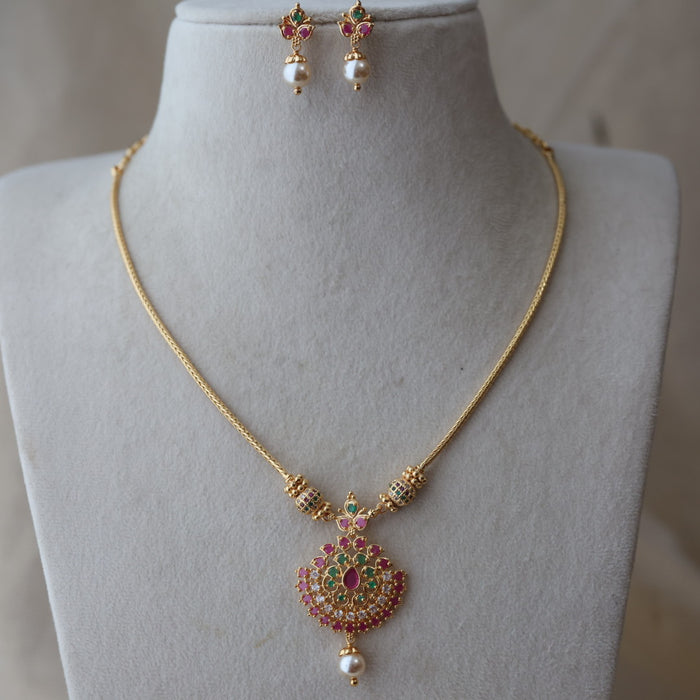 Heritage gold plated ruby green stone short necklace with earrings H8022
