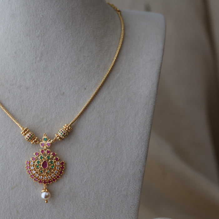 Heritage gold plated ruby green stone short necklace with earrings H8022