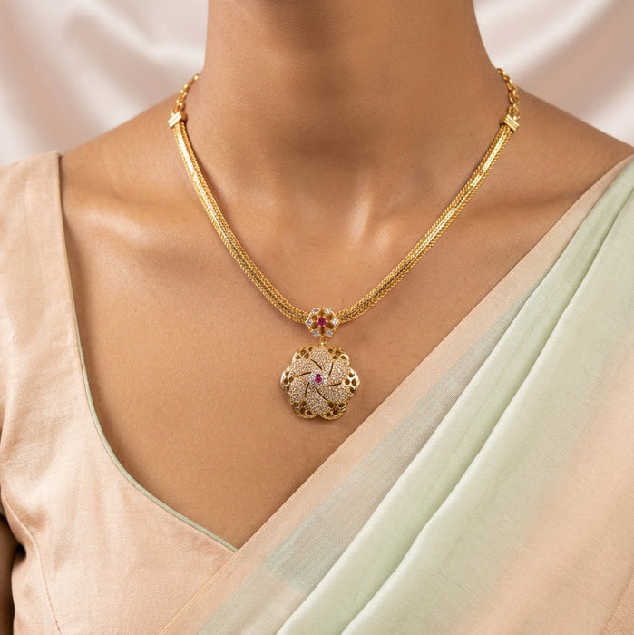 Heritage gold plated ruby white stone short necklace with earrings H7933