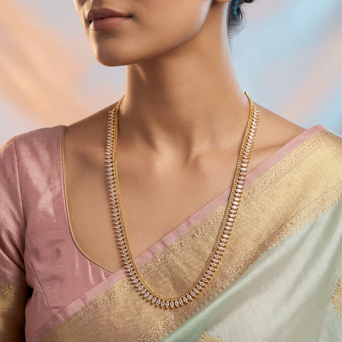 Heritage gold plated white stone long necklace HL011