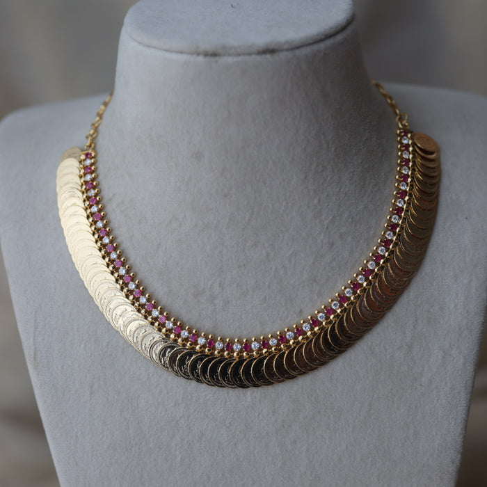 Heritage gold plated ruby white stone coin short necklace H2011