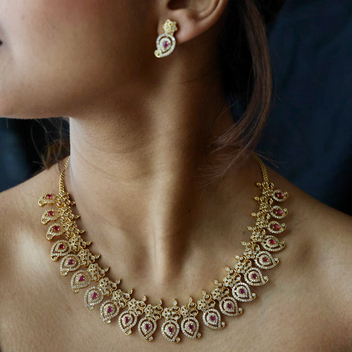 Antique mango ruby white stone short necklace with earrings SS13065