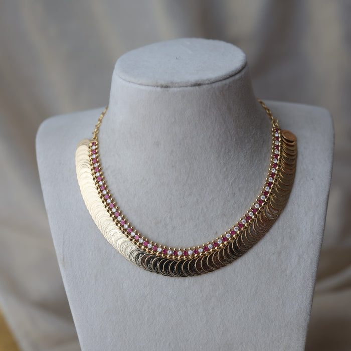 Heritage gold plated ruby white stone coin short necklace H2011