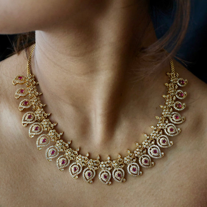 Antique mango ruby white stone short necklace with earrings SS13065