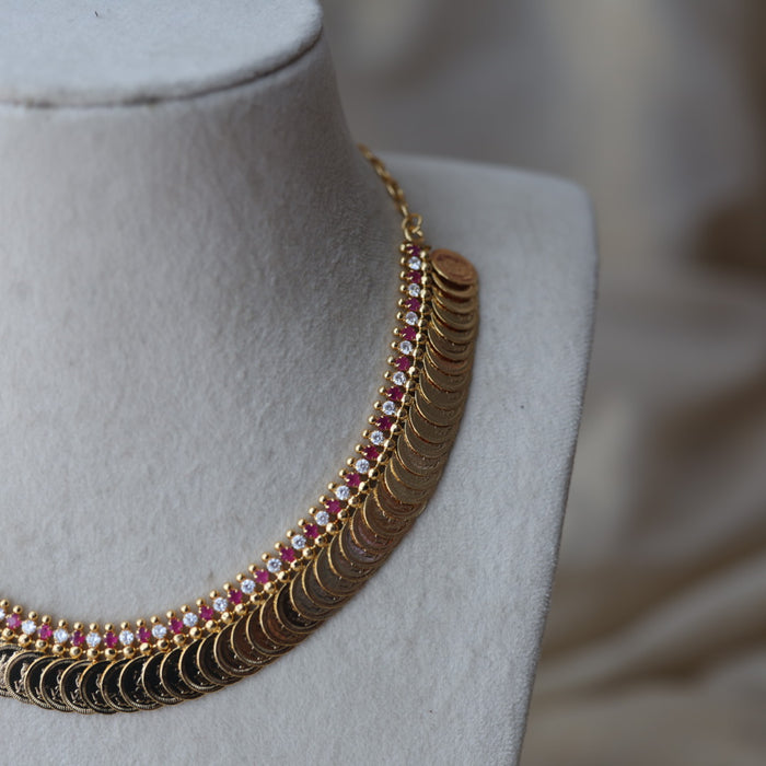Heritage gold plated ruby white stone coin short necklace H2011