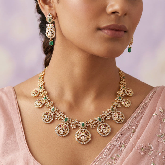 Heritage gold plated green white stone short necklace with earrings H823683