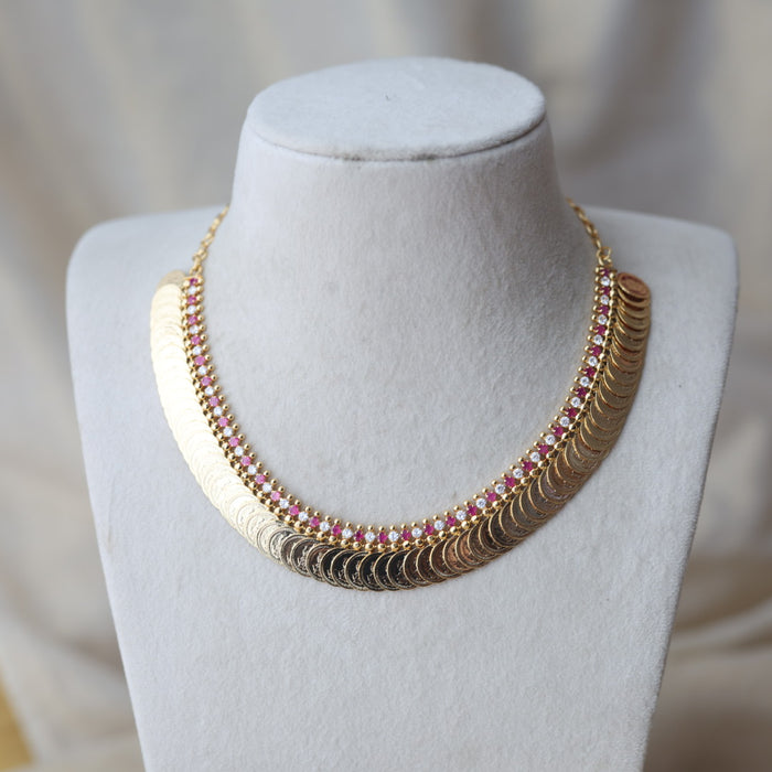 Heritage gold plated ruby white stone coin short necklace H2011