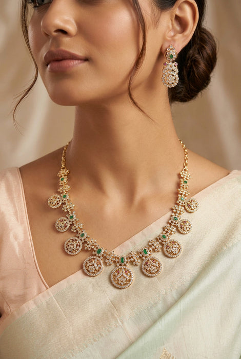 Heritage gold plated green white stone short necklace with earrings H823683