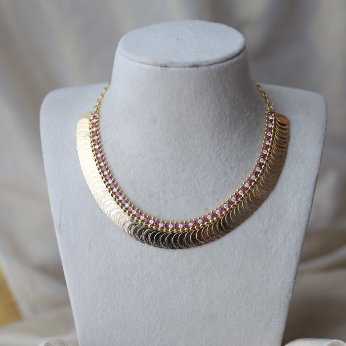 Heritage gold plated ruby white stone coin short necklace H2011