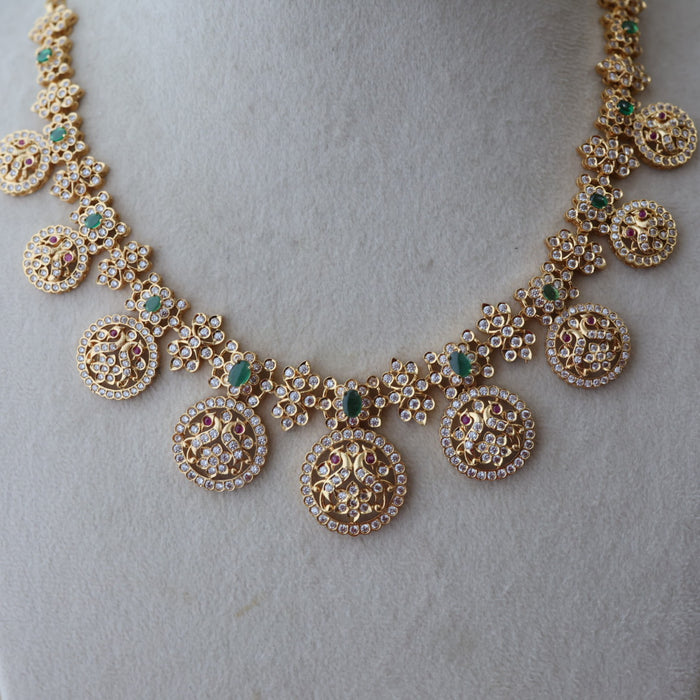 Heritage gold plated green white stone short necklace with earrings H823683