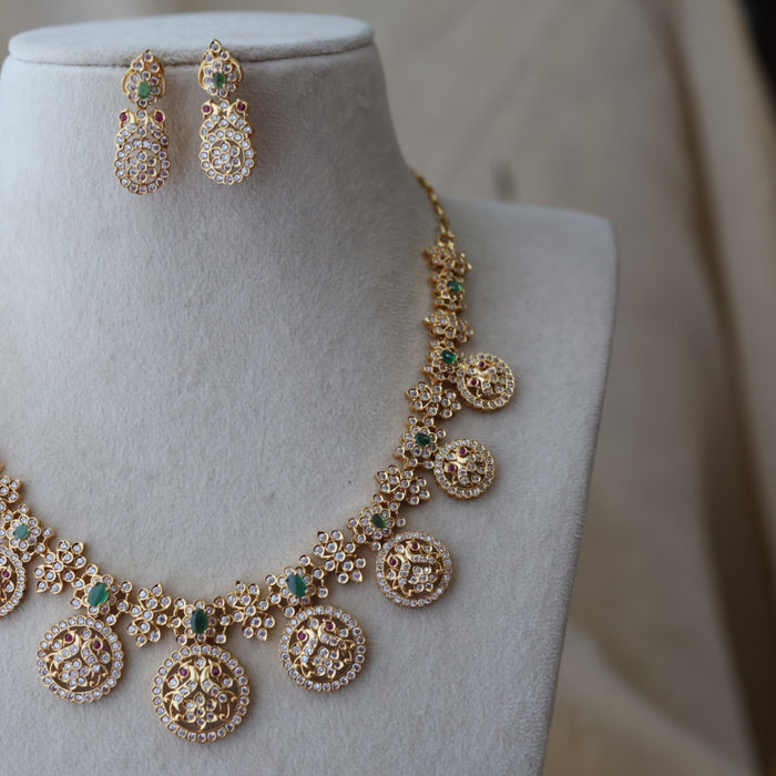 Heritage gold plated green white stone short necklace with earrings H823683