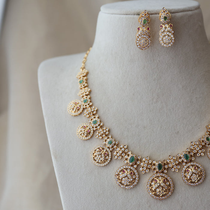 Heritage gold plated green white stone short necklace with earrings H823683