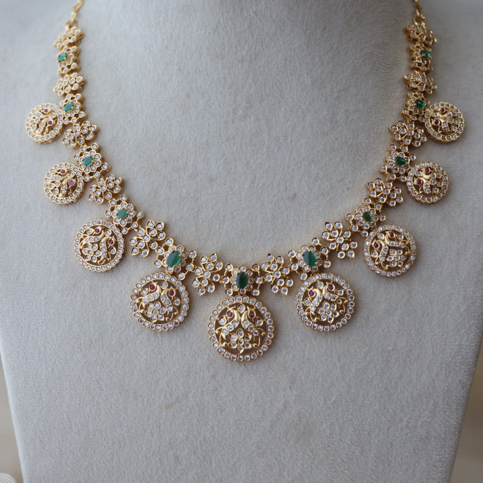 Heritage gold plated green white stone short necklace with earrings H823683