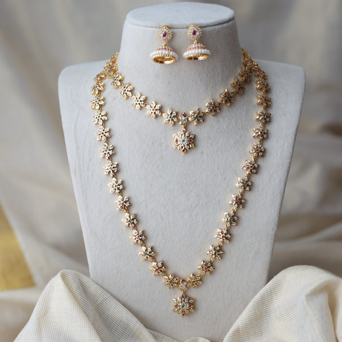 Heritage gold plated green and white stone long and short necklace with earrings HLS123